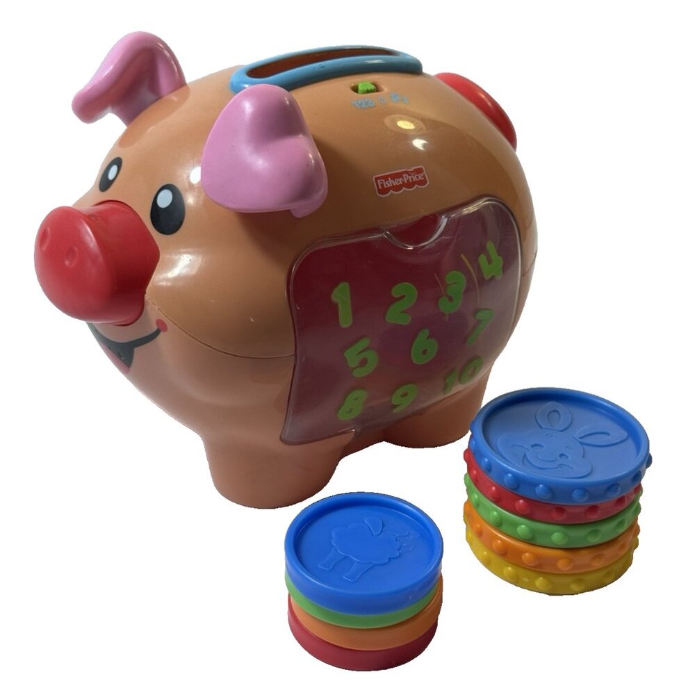 Fisher Price Laugh & Learn Talking Singing Piggy Bank 9 Coins Tan And Pink 2006